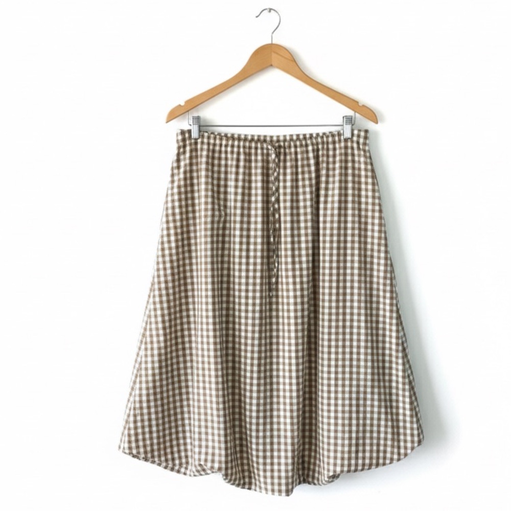 Emerson Lang Tan Gingham Bubble Midi Skirt Size M Tan White Plaid Lined - Picture 1 of 11